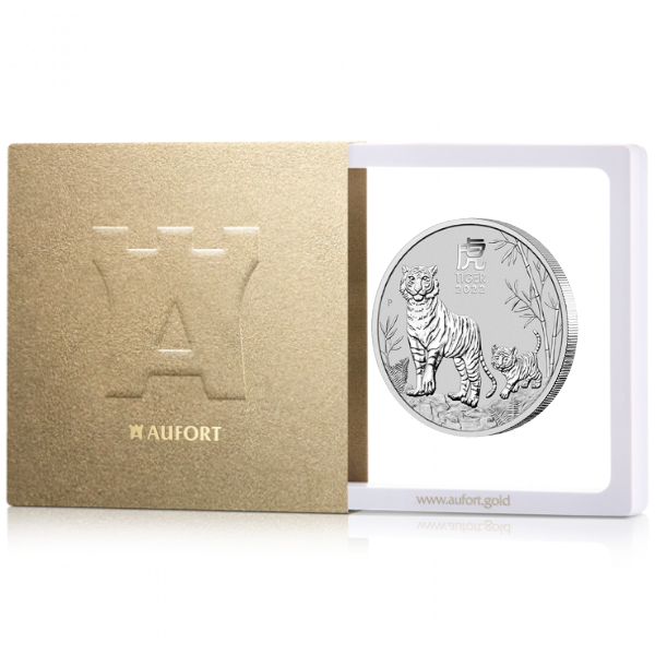 62,2 gramman (2 oz) Australian Lunar 2022 (tiikeri) hopeakolikko lahjapakkauksessa