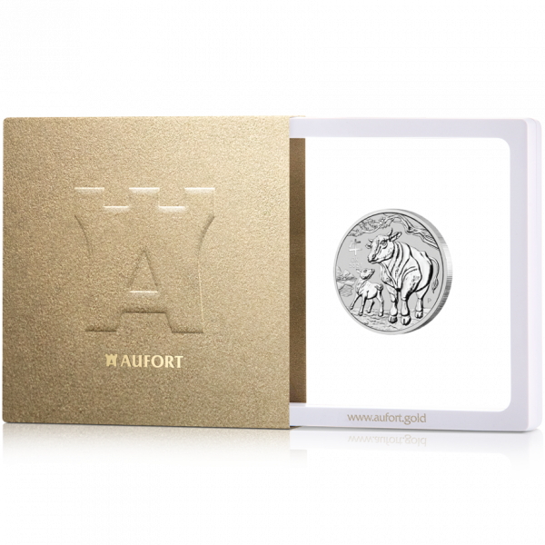 31,1 gramman (1 oz) Australian Lunar 2021 (härkä) hopeakolikko lahjapakkauksessa