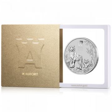 62,2 gramman (2 oz) Australian Lunar 2022 (tiikeri) hopeakolikko lahjapakkauksessa